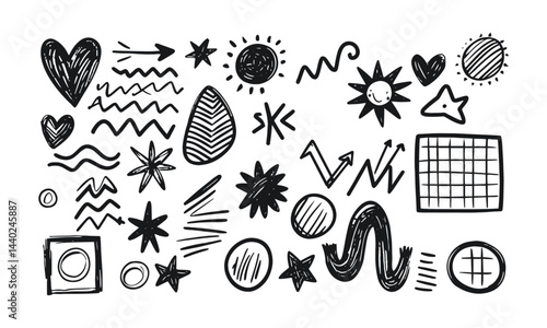 Vector illustration with a collection of playful hand-drawn abstract shapes, easily editable.