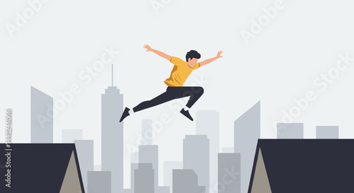 Young man jumping across rooftops in a city skyline  