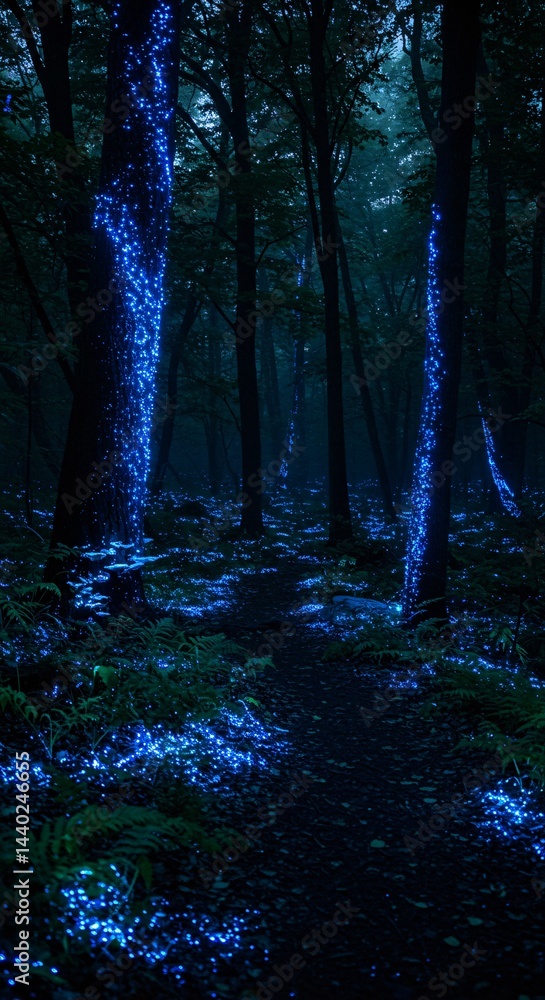 Fototapeta premium A mystical forest scene with glowing blue lights on trees and ground in a dark and shadowy setting