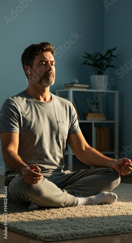 Man in gray shirt meditating indoors with airpods and closed eyes in a cross legged position on rug
