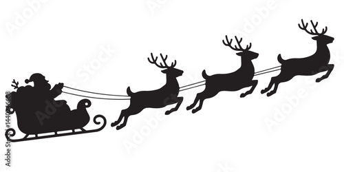 Santa Claus is flying in sleigh with Christmas reindeer silhouettes