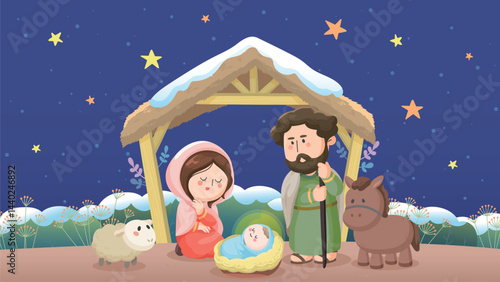Cute Christmas Nativity Scene with Baby Jesus, Mary, Joseph, Animals, and Starry Night 16X9
