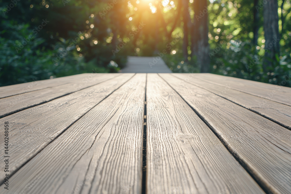 Wooden deck surface stretches into distance, illuminated by warm sunlight filtering through lush greenery, creating serene and inviting atmosphere Wooden deck surface stretches into distance, illuminated by warm sunlight filtering through lush greenery, creating serene and inviting atmosphere