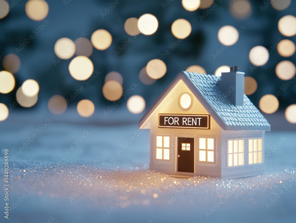 Miniature house with FOR RENT sign is illuminated against blurred background of soft, glowing lights, creating warm and inviting atmosphere. This charming scene captures essence of rental Miniature house with FOR RENT sign is illuminated against blurred background of soft, glowing lights, creating warm and inviting atmosphere. This charming scene captures essence of rental