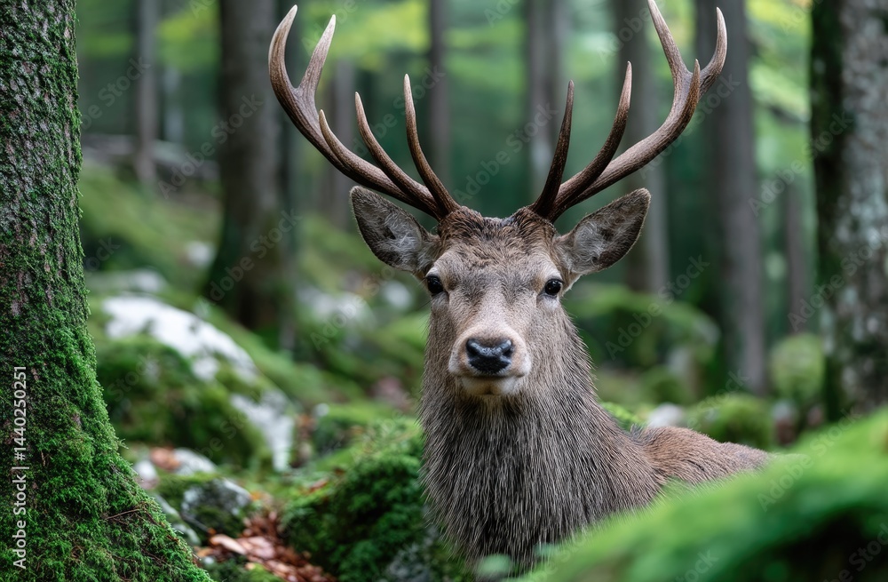 A deer with antlers in the woods, looking at the camera, surrounded by trees and mossy trunks A deer with antlers in the woods, looking at the camera, surrounded by trees and mossy trunks