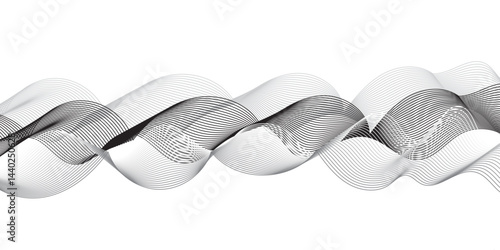 "Create a vector illustration of a black and white twisted ribbon-like wave. The design should feature smooth, overlapping transparent layers with a slight 3D effect. The background must be plain whit
