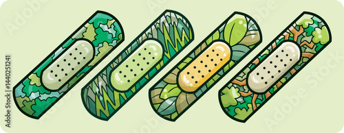Funny and cool forest theme adhesive bandage cartoon illustration set