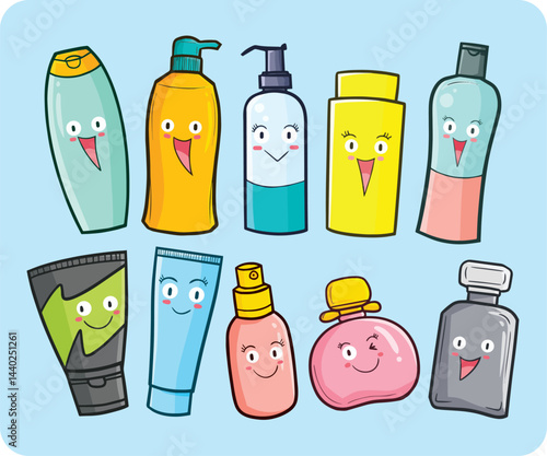 Kawaii and funny shampoo and body lotion cartoon character illustration set