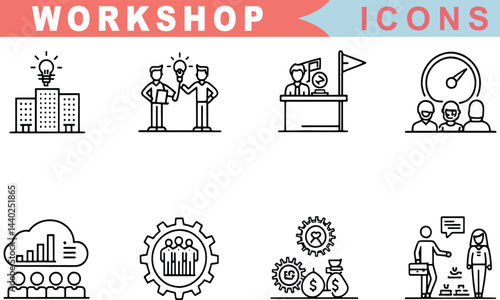 Workshop and Business Training Line Icons – Team Building, Coaching, Meeting, Management, Motivation, Editable Stroke

