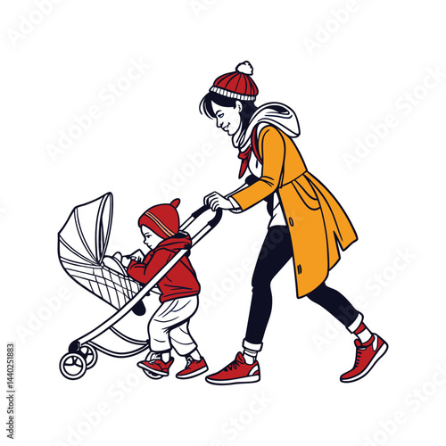 Mother and Toddler Walking with Stroller in Winter