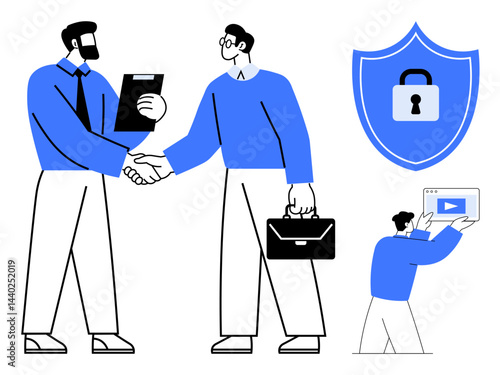 Two businessmen shaking hands, shield with lock icon symbolizing security, and individual creating video content. Ideal for collaboration, partnership, security, agreements, startup, digital