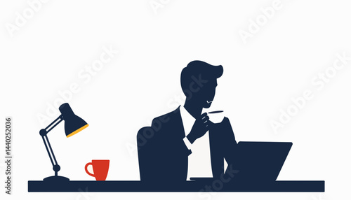 Corporate man thoughtfully sipping coffee at desk, focused energy