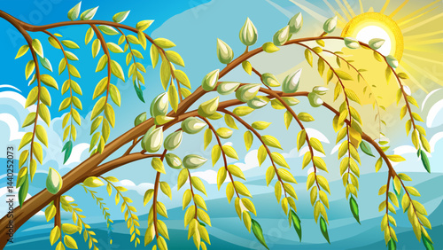 Very beautiful flowering branch of willow on a background of the sunny sky