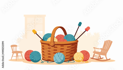 Cozy knitting basket filled with colorful yarn, relaxed ambiance