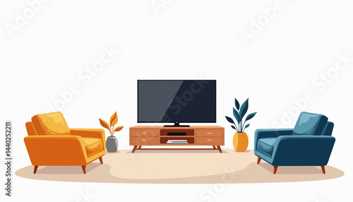 Cozy living room with minimalist furniture and TV, modern design