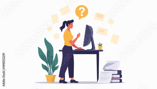 Confused employee searching for answers at workspace, workplace challenges