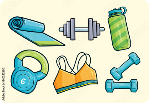Funny workout equipment cartoon illustration set