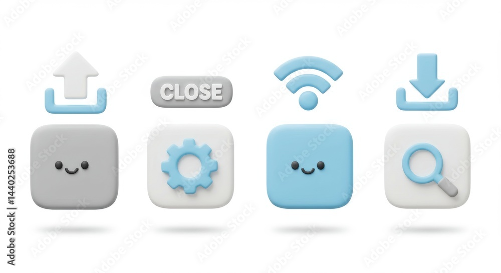 Cute, Minimalist Icon Set: Upload, Close, Wifi, Download, Settings, Search, Flat Design. Cute, Minimalist Icon Set: Upload, Close, Wifi, Download, Settings, Search, Flat Design.