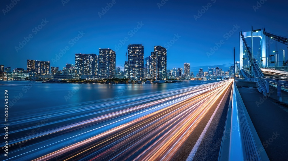 Obraz premium Digital Cityscape of Tokyo with River and Bridge, Long Exposure Car Light Streaks, Modern Urban Architecture along Chiyoda River at Sunset, Aerial View with Blue Gradient Theme