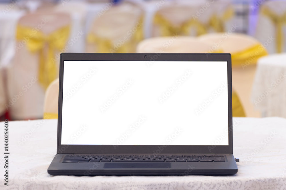 An laptop on a round table with a tablecloth in an empty hall