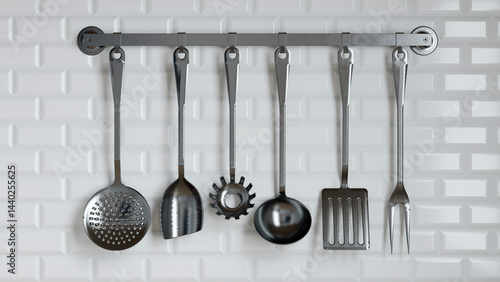 Photos collection of sleek metal kitchen utensils is displayed on a rack against a textured white wall, showcasing various tools used for cooking and food preparation