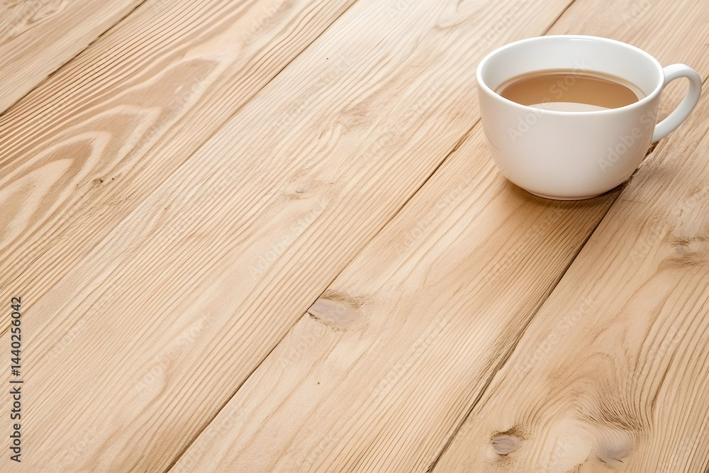 A white mug of light brown beverage sits on a light wood table A white mug of light brown beverage sits on a light wood table