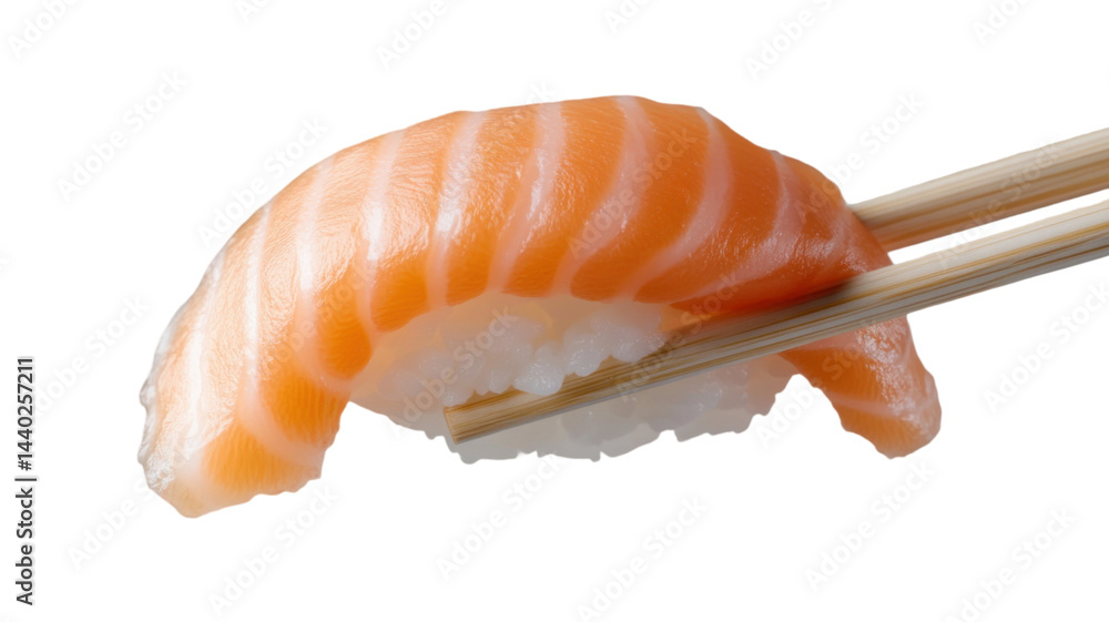 Title: Closeup of Chopsticks Picking Up Fresh Salmon Nigiri Sushi Title: Closeup of Chopsticks Picking Up Fresh Salmon Nigiri Sushi