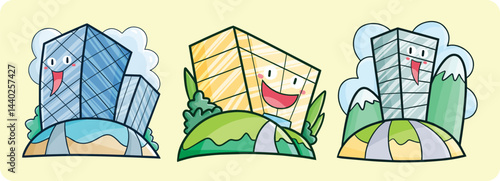 Cute and funny hotels cartoon character illustration set