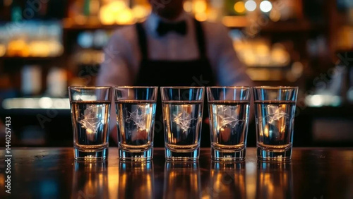 Vodka glasses on bar counter and a barman in the background