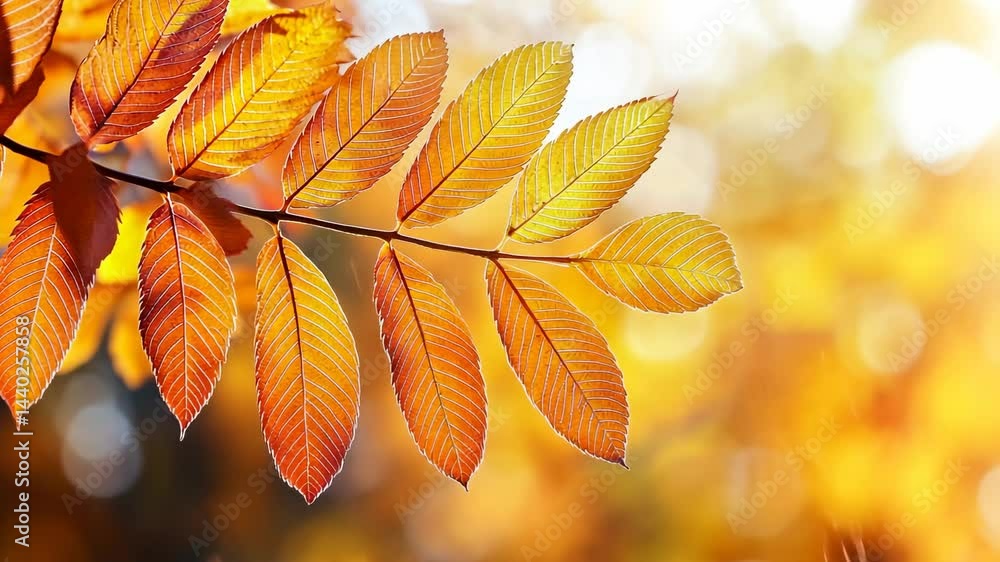 Vibrant Autumn Leaves on Branch Against Soft Blurred Background Vibrant Autumn Leaves on Branch Against Soft Blurred Background
