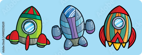 Funny modern rounded rocket cartoon illustration set