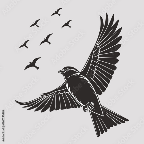 Bird in flight with flock silhouettes freedom and nature symbolism