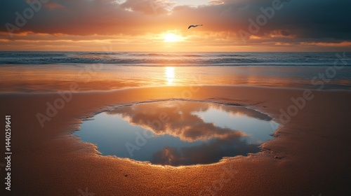 Golden sunset over beach, tranquil reflection in a shallow pool.