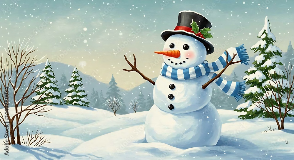 Fototapeta premium Smiling snowman in a winter wonderland scene with falling snow and pine trees. Festive holiday seasonal illustration perfect for greeting card.