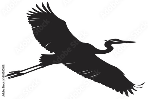 Elegant great blue heron silhouette illustration with wings spread for flight