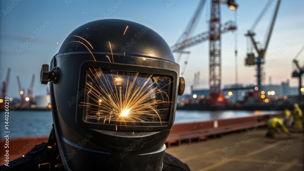 Fototapeta premium ant leaf nature red carry Concept. Welder working at sunset, sparks flying near cranes and water in the background.