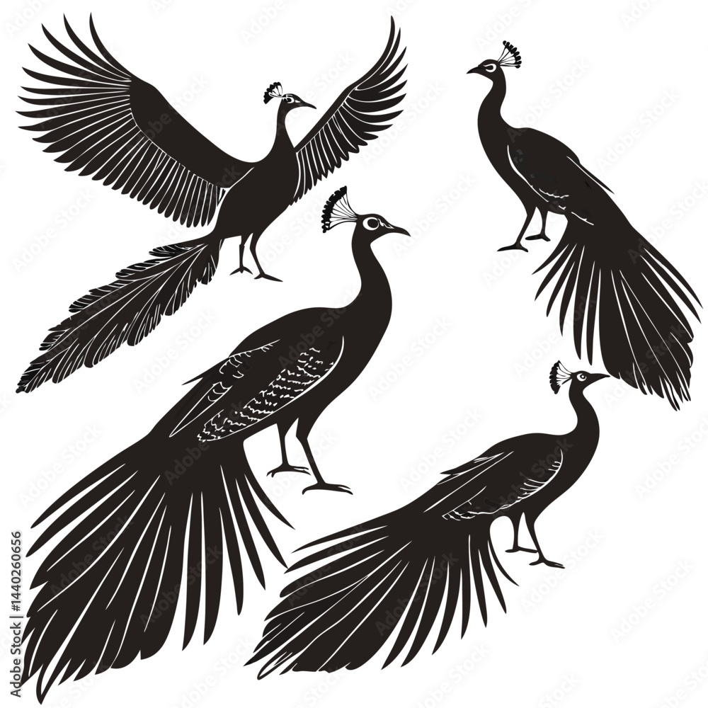 Naklejka premium Four peacocks isolated on white background decorative elegant design elements