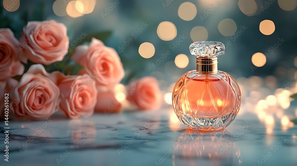 A perfume bottle on a marble surface A perfume bottle on a marble surface