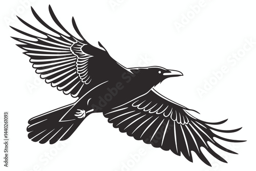 Raven soaring silhouette graphic illustration bird in flight wing spread monochrome