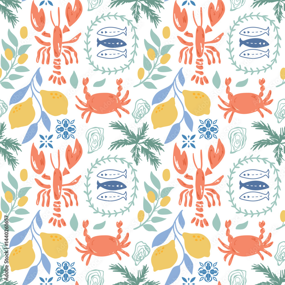 Colorful Mediterranean summer seamless pattern decorative hand drawn lobster, crab, sardine, lemons, palms. Cute floral seafood wallpaper, background, textile design. Vector Italian vacation print