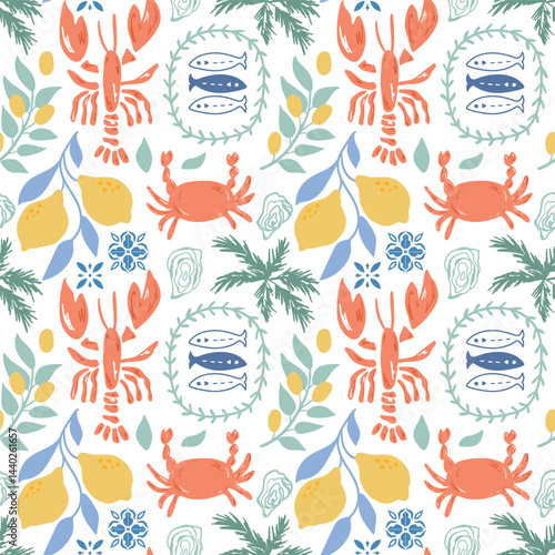 Obraz na płótnie Colorful Mediterranean summer seamless pattern decorative hand drawn lobster, crab, sardine, lemons, palms. Cute floral seafood wallpaper, background, textile design. Vector Italian vacation print w salonie