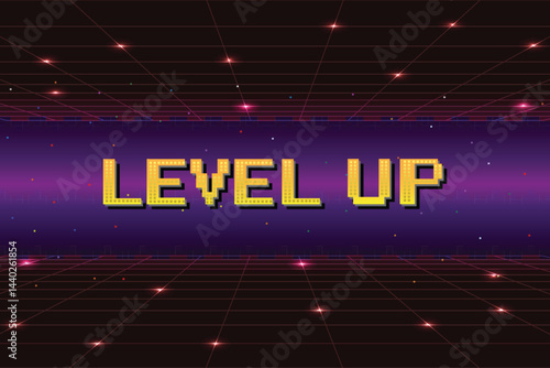 LEVEL UP. retro cyberpunk pixel art game scene from the 80s. Dark pink 8-bit sci-fi background. Glowing neon grid and stars from a vintage arcade computer game.