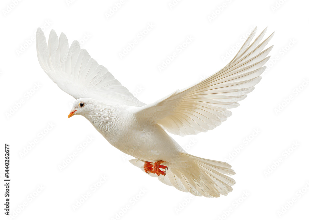 Fototapeta premium Majestic White Bird in Flight with Outstretched Wings and Graceful Posture Against a White Background
