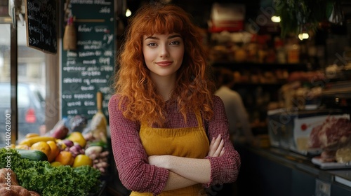 A cheerful young woman with red hair and glasses stands confidently with her arms crossed in front of a fresh produce market.