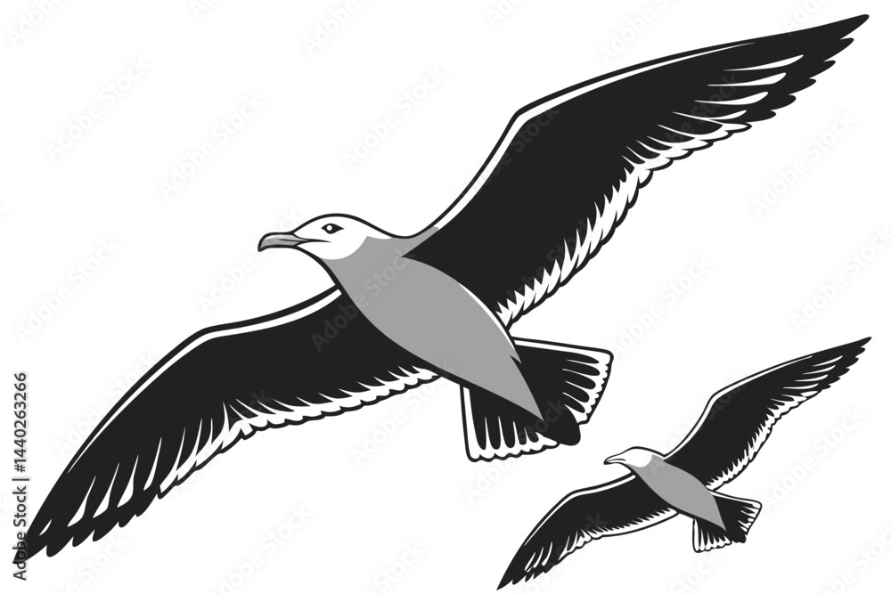 Two seagulls flying vector illustration black and white minimalist design Two seagulls flying vector illustration black and white minimalist design