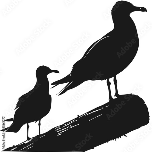Two seagulls silhouette standing on a log minimalist black and white design