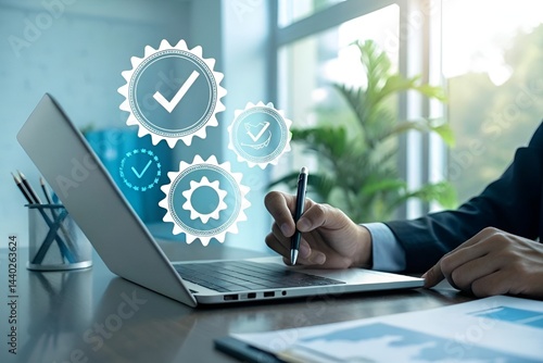 Modern Office Productivity Concept with Technology and Certification Symbols