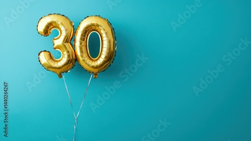 Radiant gold number thirty balloons floating against a vibrant teal backdrop