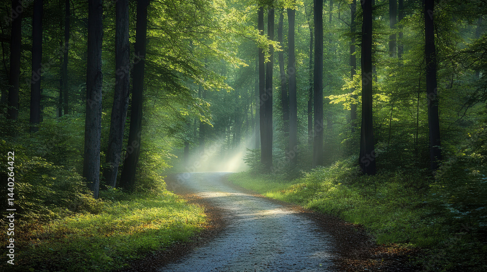 Fototapeta premium Forest path illuminated by soft sunlight filtering through trees