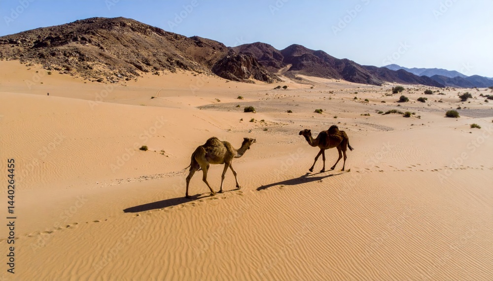 Fototapeta premium Two Camels Walking Across a Sandy Desert Under Bright Sunlight